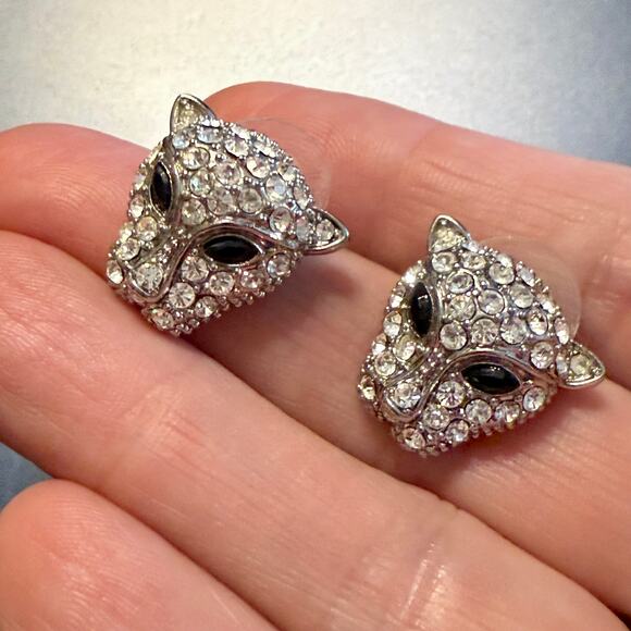 Silver Tone Pave Rhinestone Leopard Stud Earrings - Picture 1 of 8